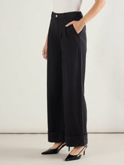 Women Black Twill Inverted Hem Wide Leg Pants-SFPANT51296