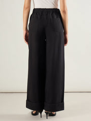 Women Black Twill Inverted Hem Wide Leg Pants-SFPANT51296