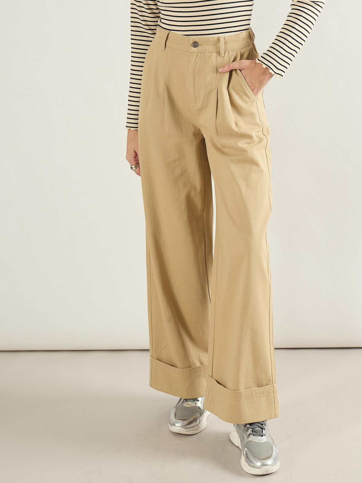 Women Beige Twill Inverted Hem Wide Leg Pants-SFPANT51297