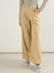 Women Beige Twill Inverted Hem Wide Leg Pants-SFPANT51297