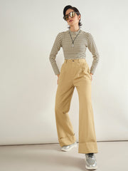 Women Beige Twill Inverted Hem Wide Leg Pants-SFPANT51297