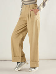 Women Beige Twill Inverted Hem Wide Leg Pants-SFPANT51297