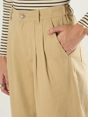 Women Beige Twill Inverted Hem Wide Leg Pants-SFPANT51297