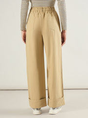 Women Beige Twill Inverted Hem Wide Leg Pants-SFPANT51297