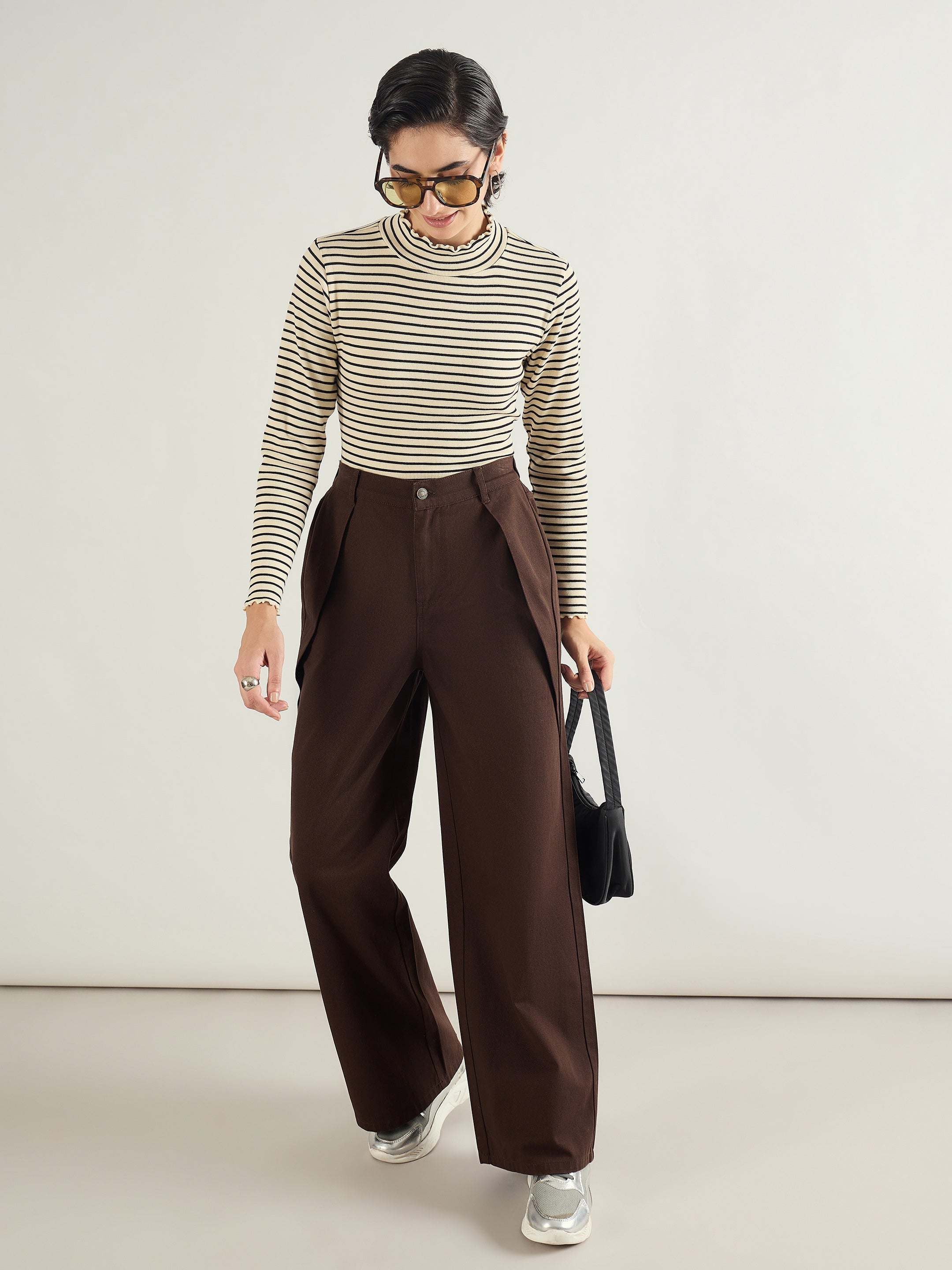 Women Brown Twill Inverted Pleat Wide Leg Pants-SFPANT51298