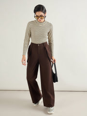 Women Brown Twill Inverted Pleat Wide Leg Pants-SFPANT51298