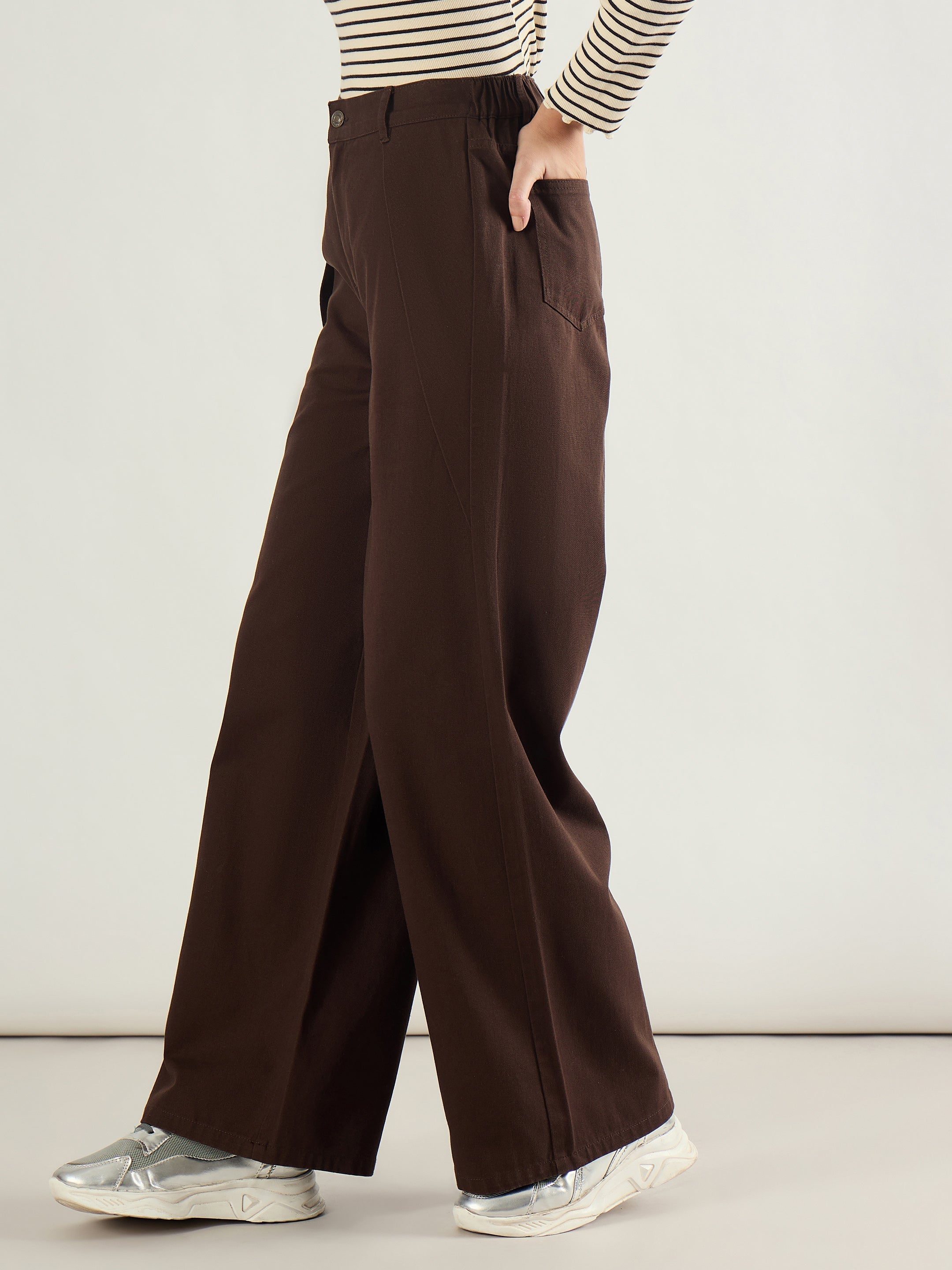 Women Brown Twill Inverted Pleat Wide Leg Pants-SFPANT51298