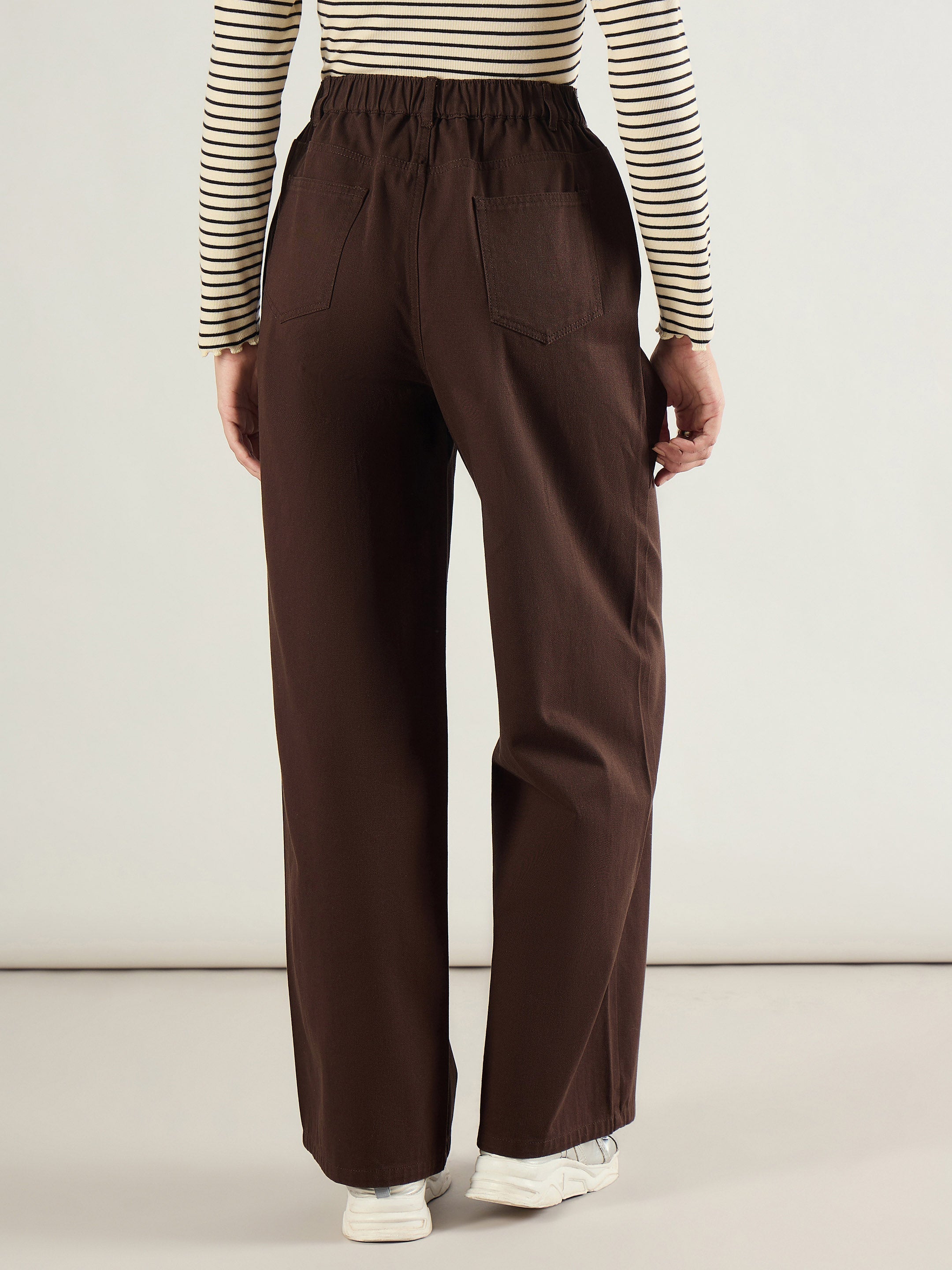 Women Brown Twill Inverted Pleat Wide Leg Pants-SFPANT51298