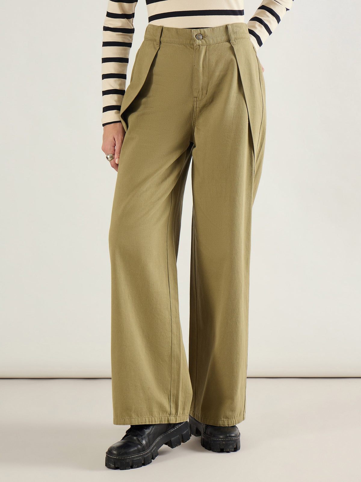 Women Olive Twill Inverted Pleat Wide Leg Pants-SFPANT51299