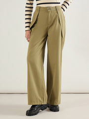 Women Olive Twill Inverted Pleat Wide Leg Pants-SFPANT51299