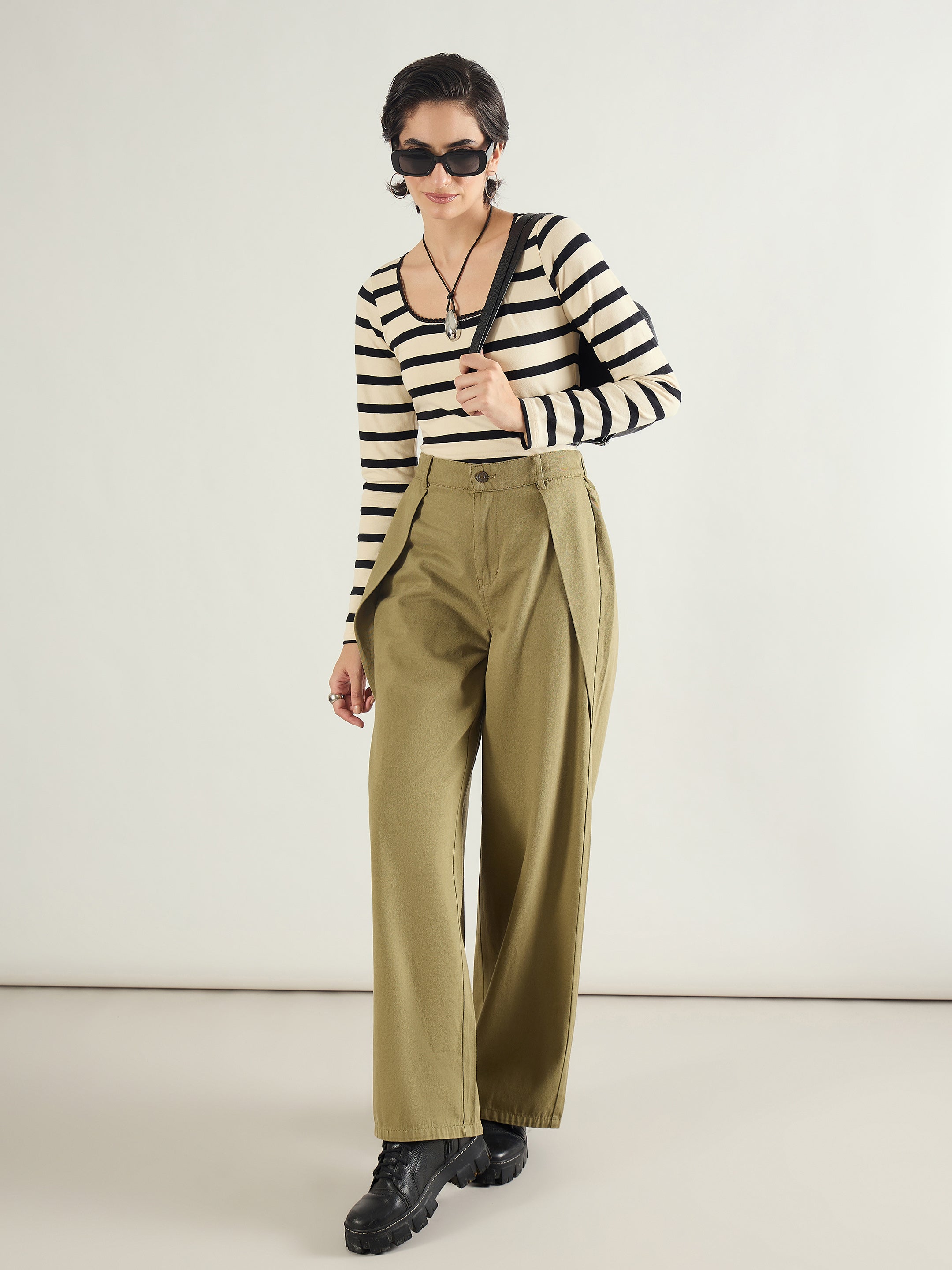 Women Olive Twill Inverted Pleat Wide Leg Pants-SFPANT51299