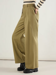 Women Olive Twill Inverted Pleat Wide Leg Pants-SFPANT51299
