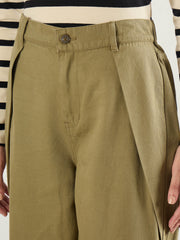 Women Olive Twill Inverted Pleat Wide Leg Pants-SFPANT51299