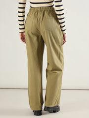 Women Olive Twill Inverted Pleat Wide Leg Pants-SFPANT51299