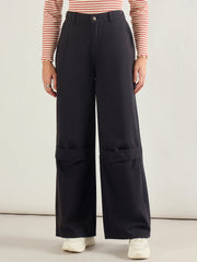 Women Black Twill Knee Pleated Wide Leg Pants-SFPANT51300