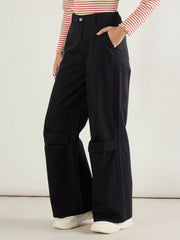 Women Black Twill Knee Pleated Wide Leg Pants-SFPANT51300