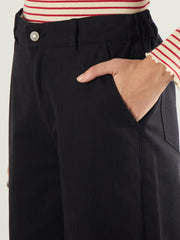Women Black Twill Knee Pleated Wide Leg Pants-SFPANT51300