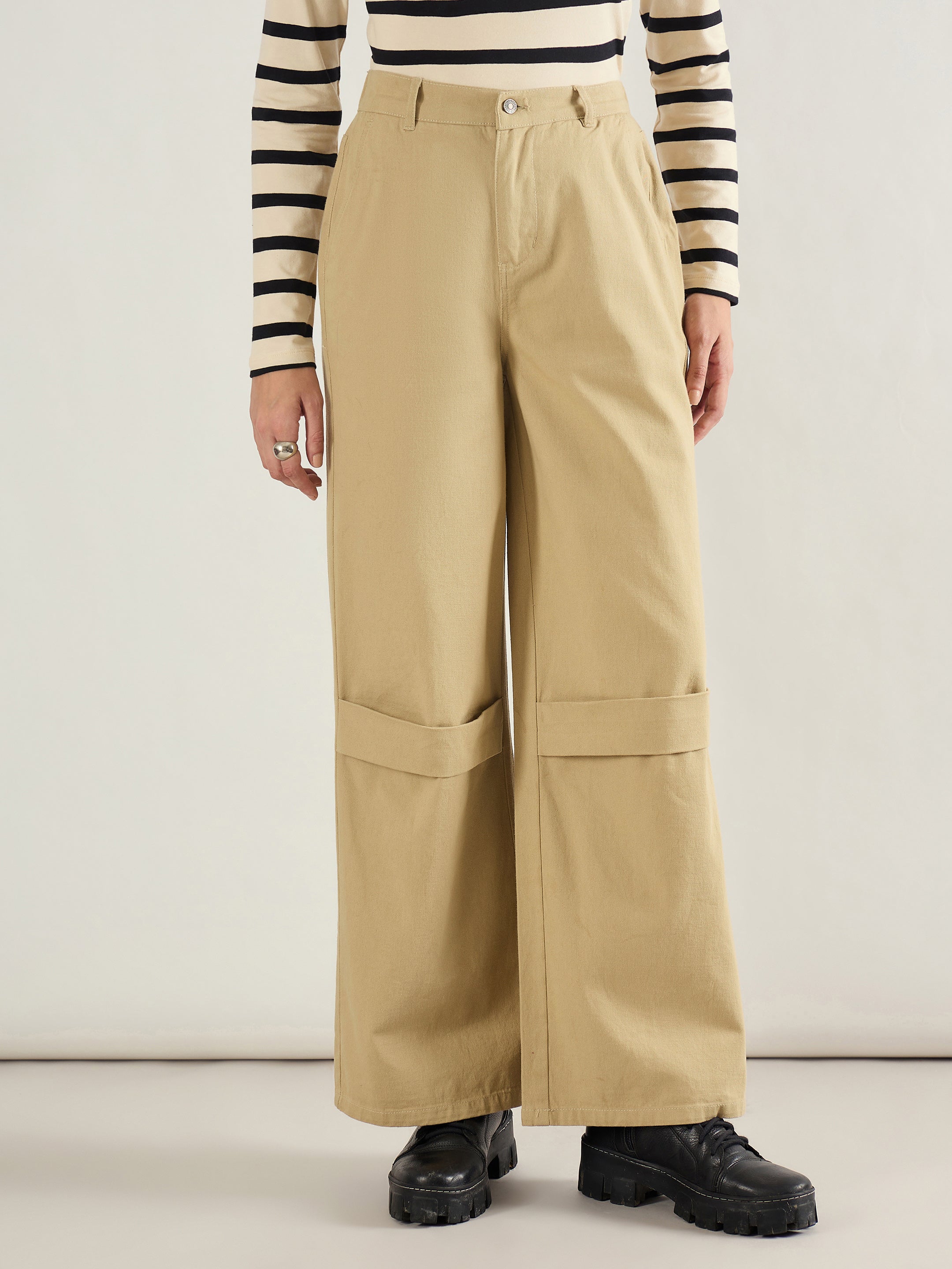Women Beige Twill Knee Pleated Wide Leg Pants-SFPANT51301