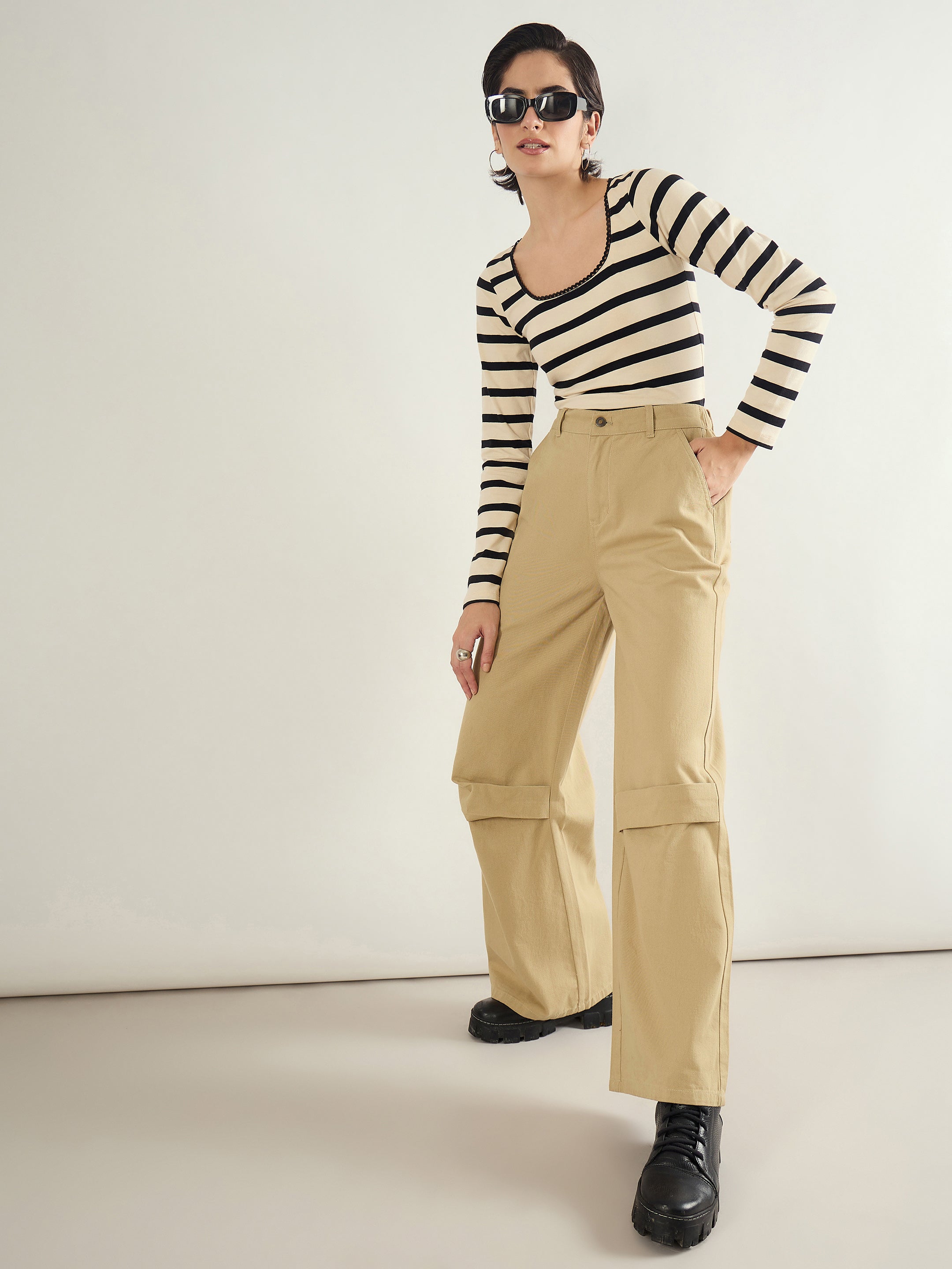 Women Beige Twill Knee Pleated Wide Leg Pants-SFPANT51301