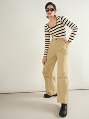 Women Beige Twill Knee Pleated Wide Leg Pants-SFPANT51301