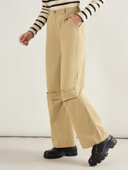 Women Beige Twill Knee Pleated Wide Leg Pants-SFPANT51301