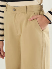 Women Beige Twill Knee Pleated Wide Leg Pants-SFPANT51301