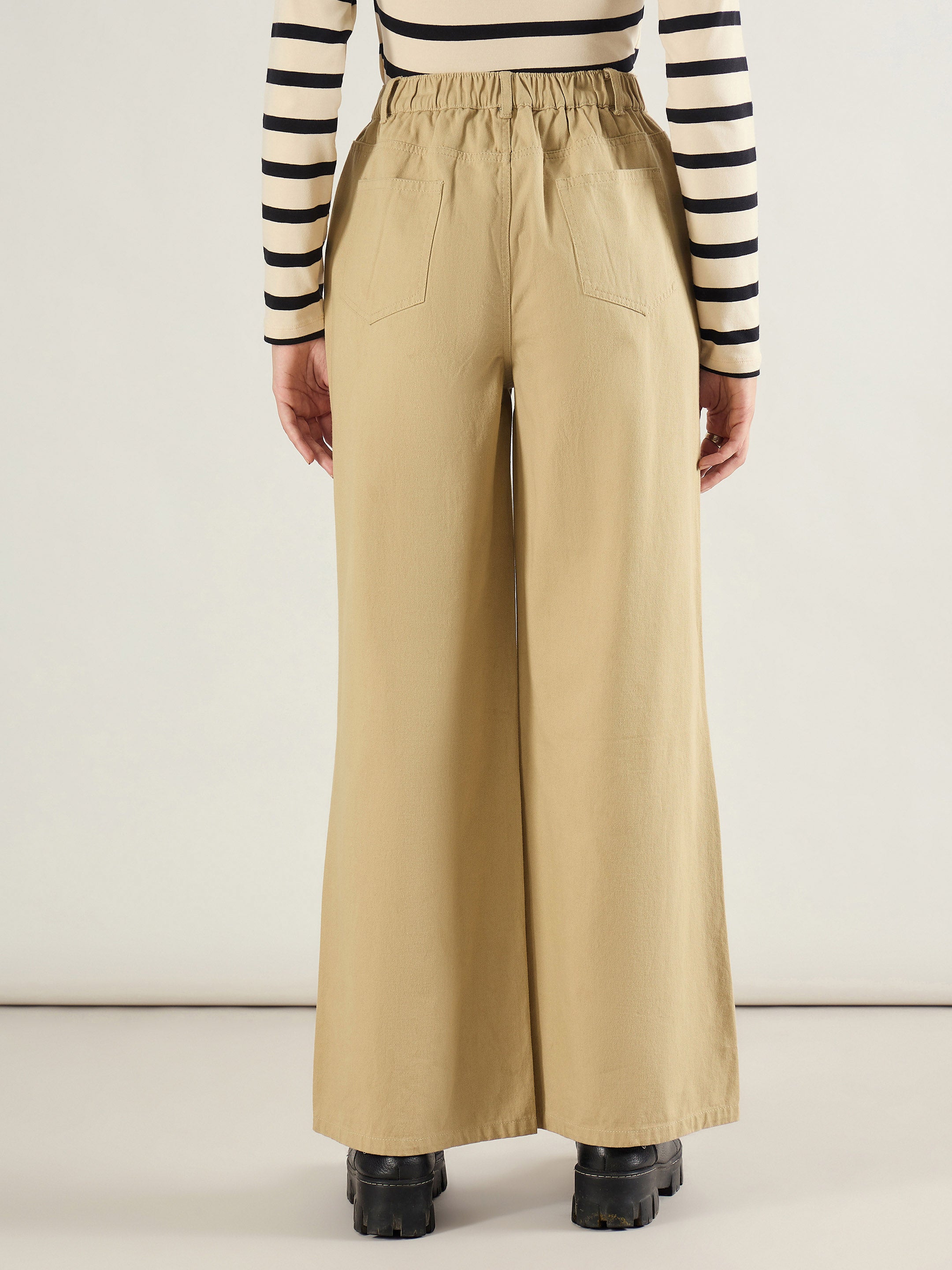 Women Beige Twill Knee Pleated Wide Leg Pants-SFPANT51301