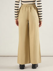 Women Beige Twill Knee Pleated Wide Leg Pants-SFPANT51301