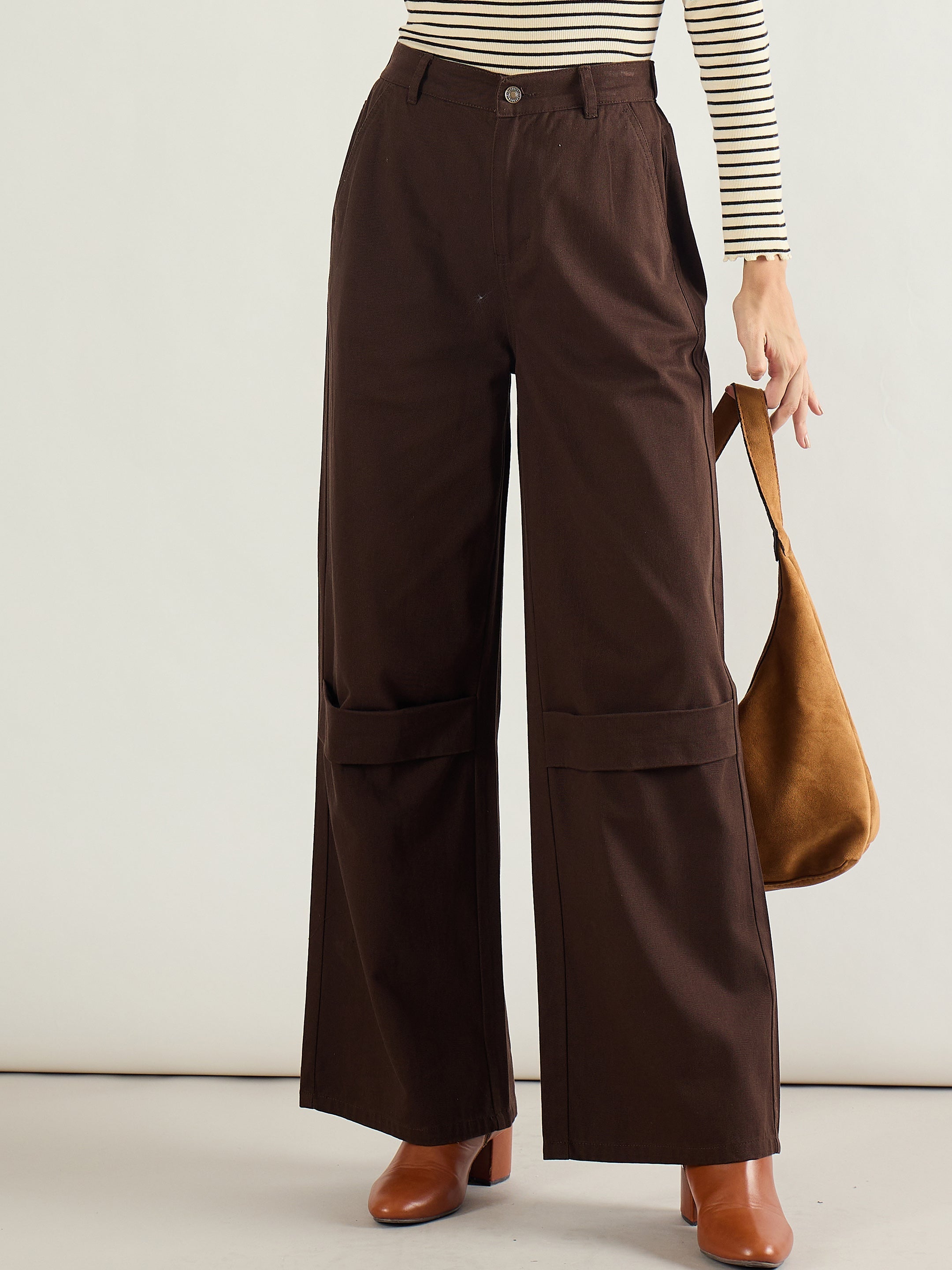 Women Brown Twill Knee Pleated Wide Leg Pants-SFPANT51302
