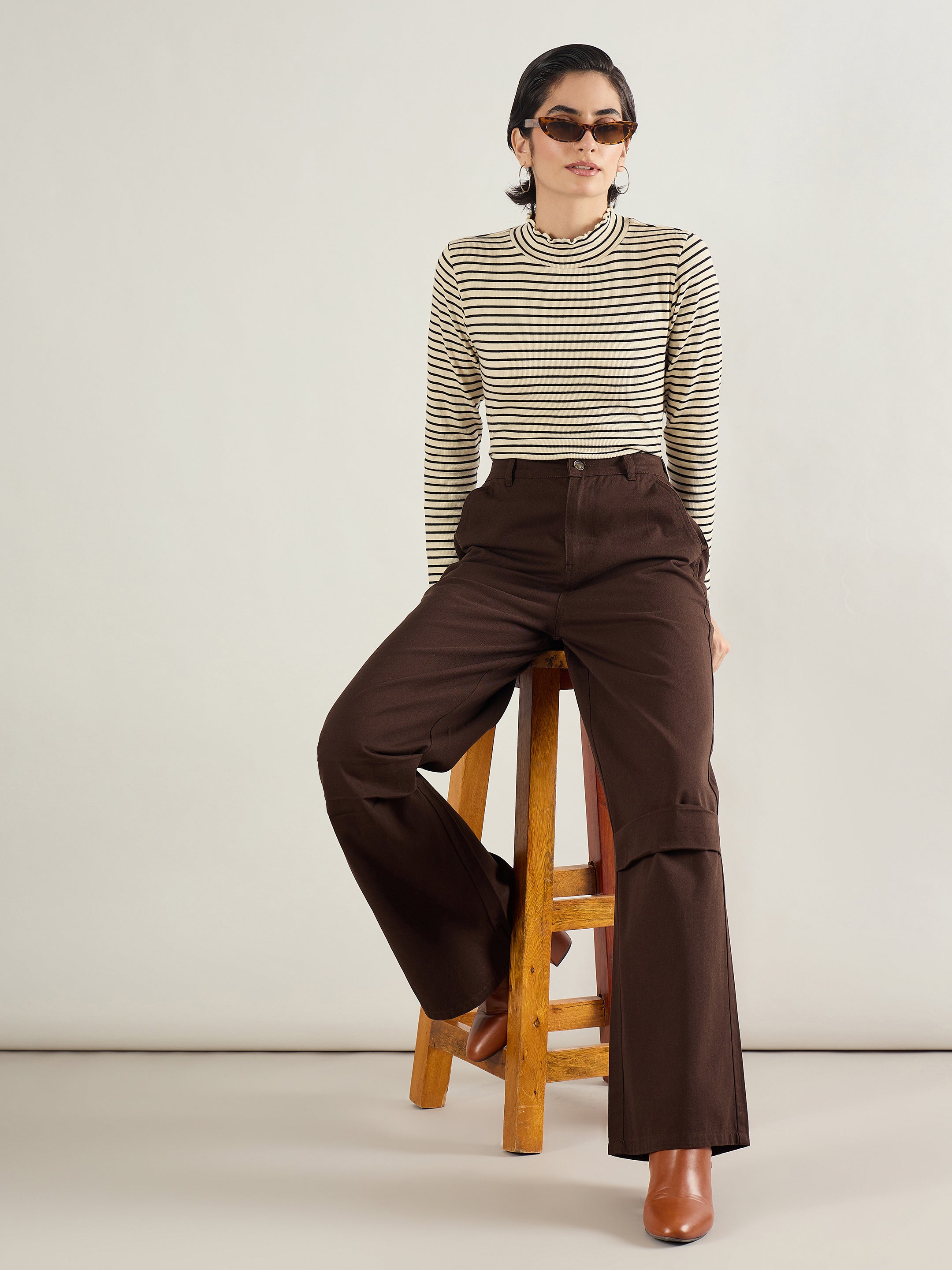 Women Brown Twill Knee Pleated Wide Leg Pants-SFPANT51302