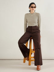 Women Brown Twill Knee Pleated Wide Leg Pants-SFPANT51302