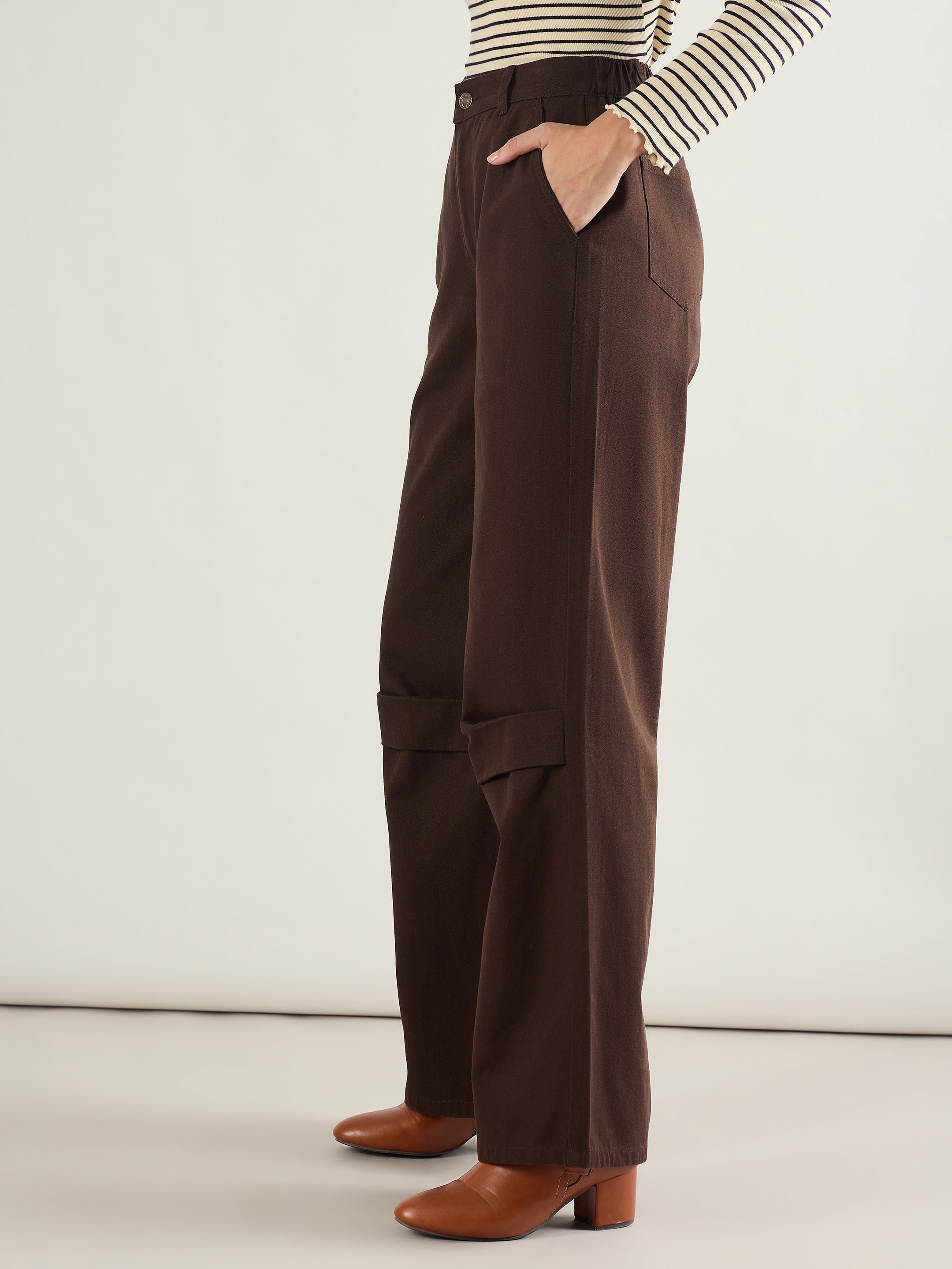 Women Brown Twill Knee Pleated Wide Leg Pants-SFPANT51302