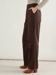 Women Brown Twill Knee Pleated Wide Leg Pants-SFPANT51302