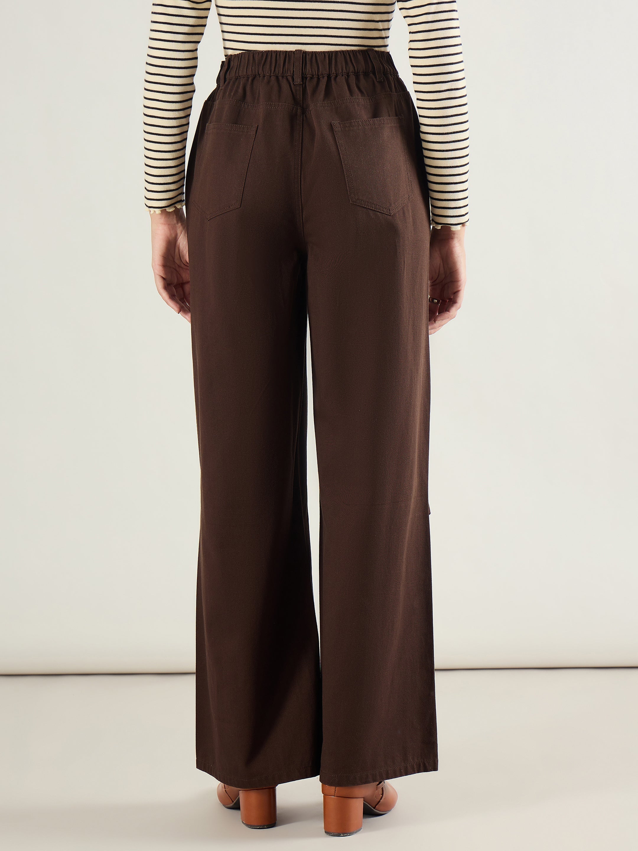 Women Brown Twill Knee Pleated Wide Leg Pants-SFPANT51302