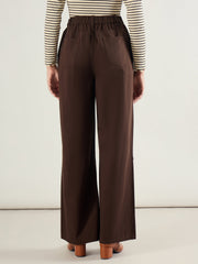 Women Brown Twill Knee Pleated Wide Leg Pants-SFPANT51302