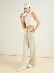 Women Light Grey Melange Rib Drawstring Pants-SFPANT51303