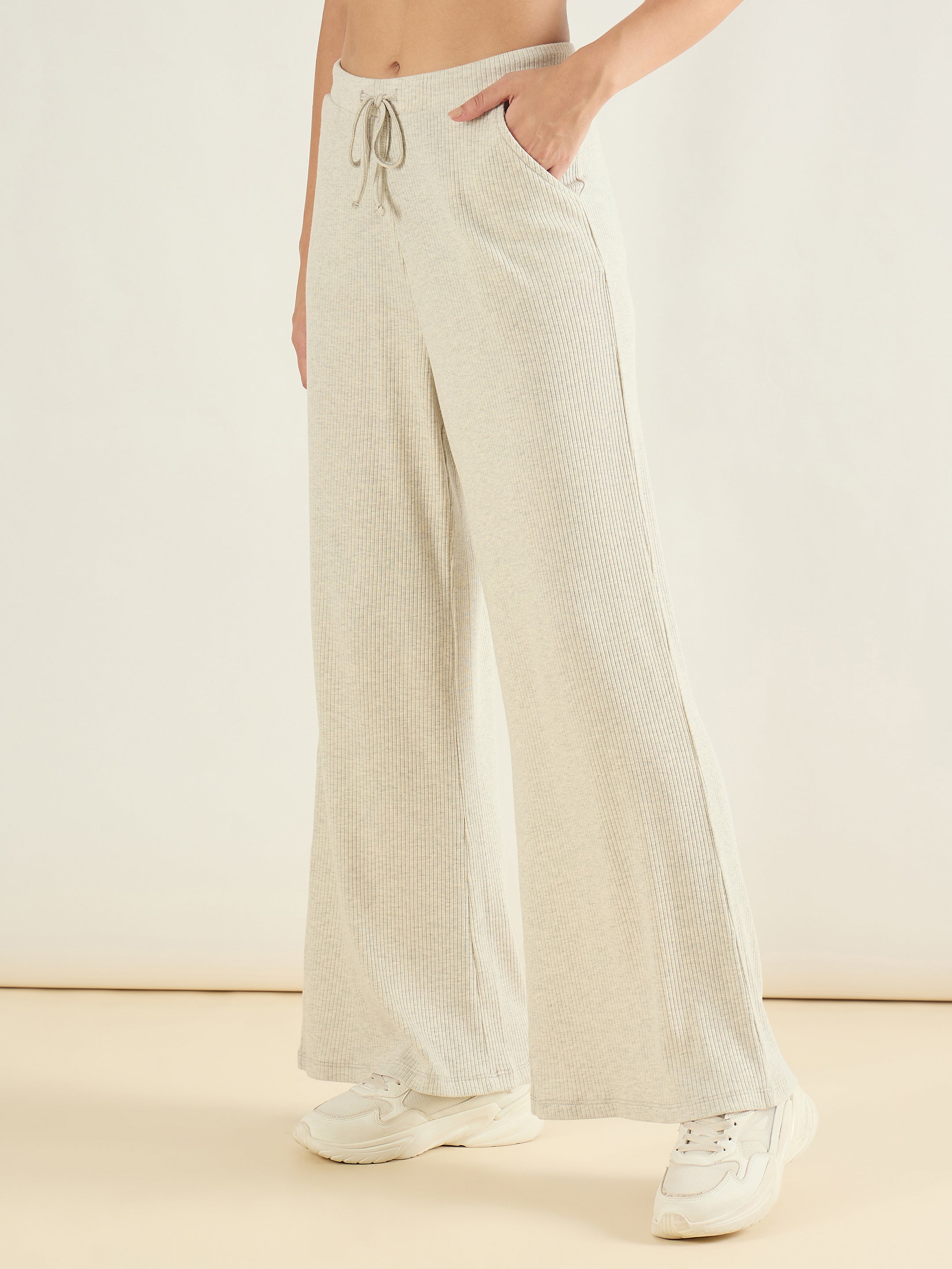 Women Light Grey Melange Rib Drawstring Pants-SFPANT51303