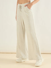 Women Light Grey Melange Rib Drawstring Pants-SFPANT51303