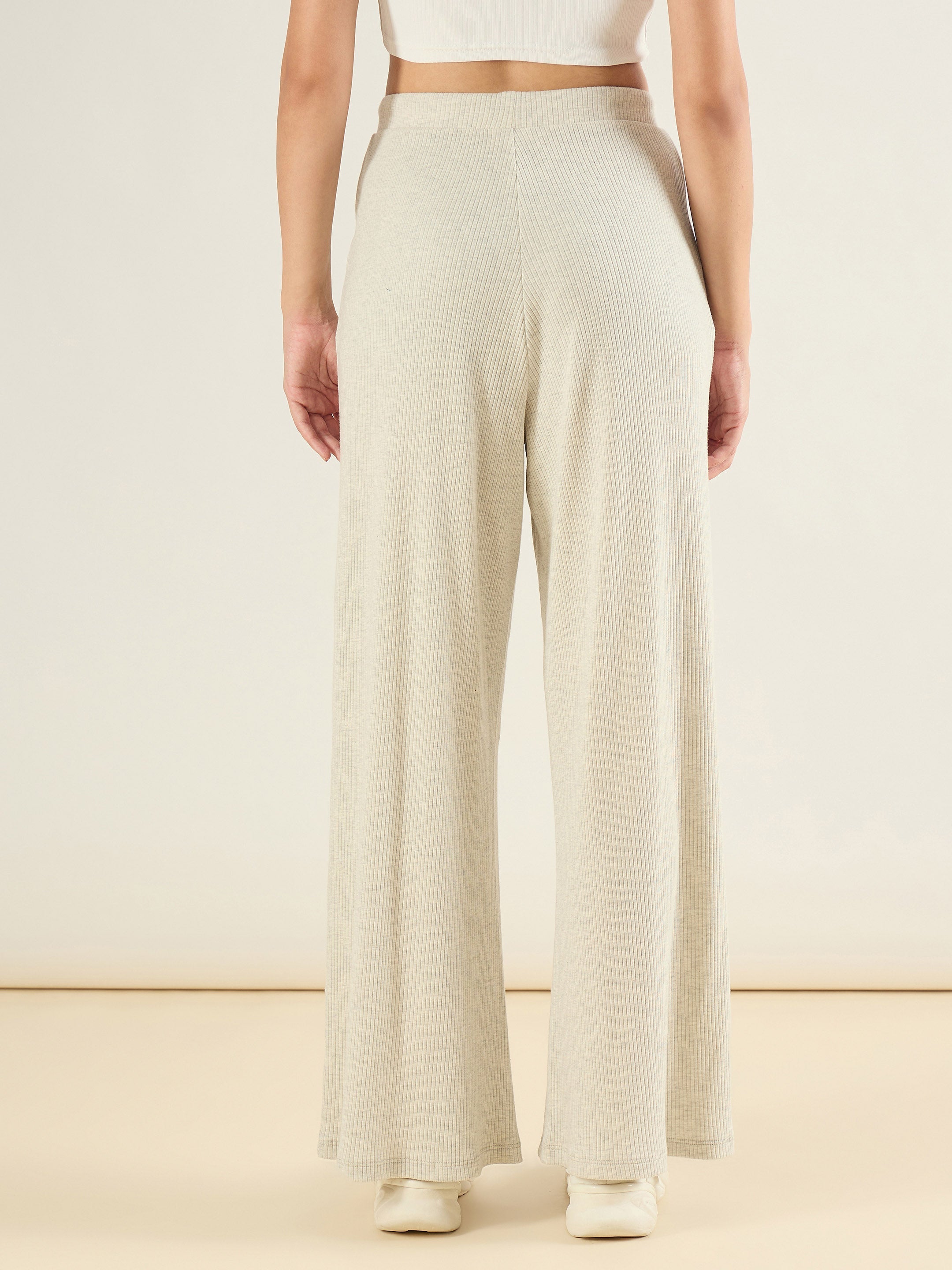 Women Light Grey Melange Rib Drawstring Pants-SFPANT51303