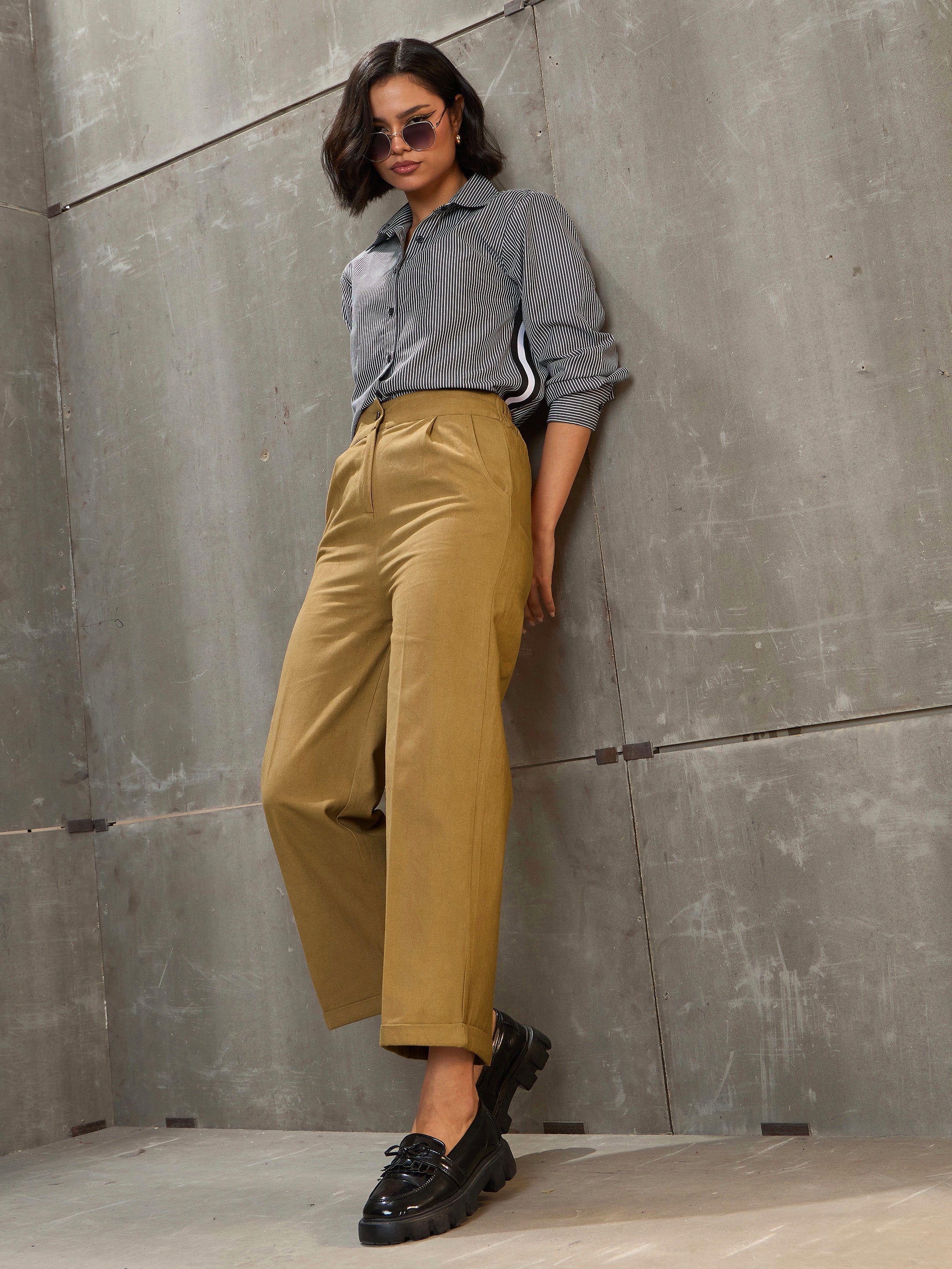 Women Khaki Brown Twill Wide Leg Pants-SFPANT51313