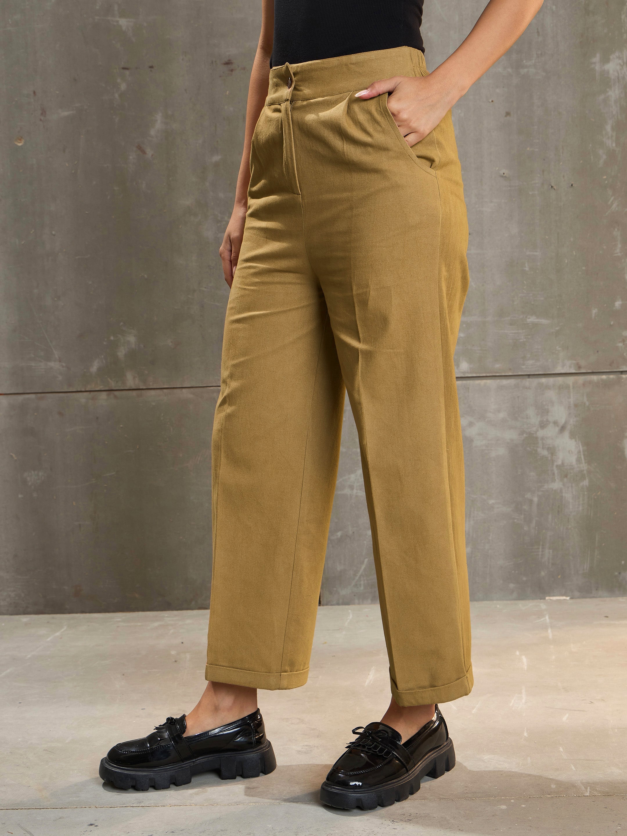Women Khaki Brown Twill Wide Leg Pants-SFPANT51313