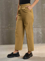Women Khaki Brown Twill Wide Leg Pants-SFPANT51313