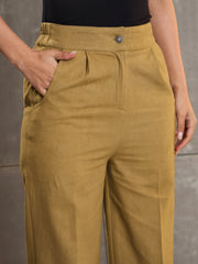 Women Khaki Brown Twill Wide Leg Pants-SFPANT51313