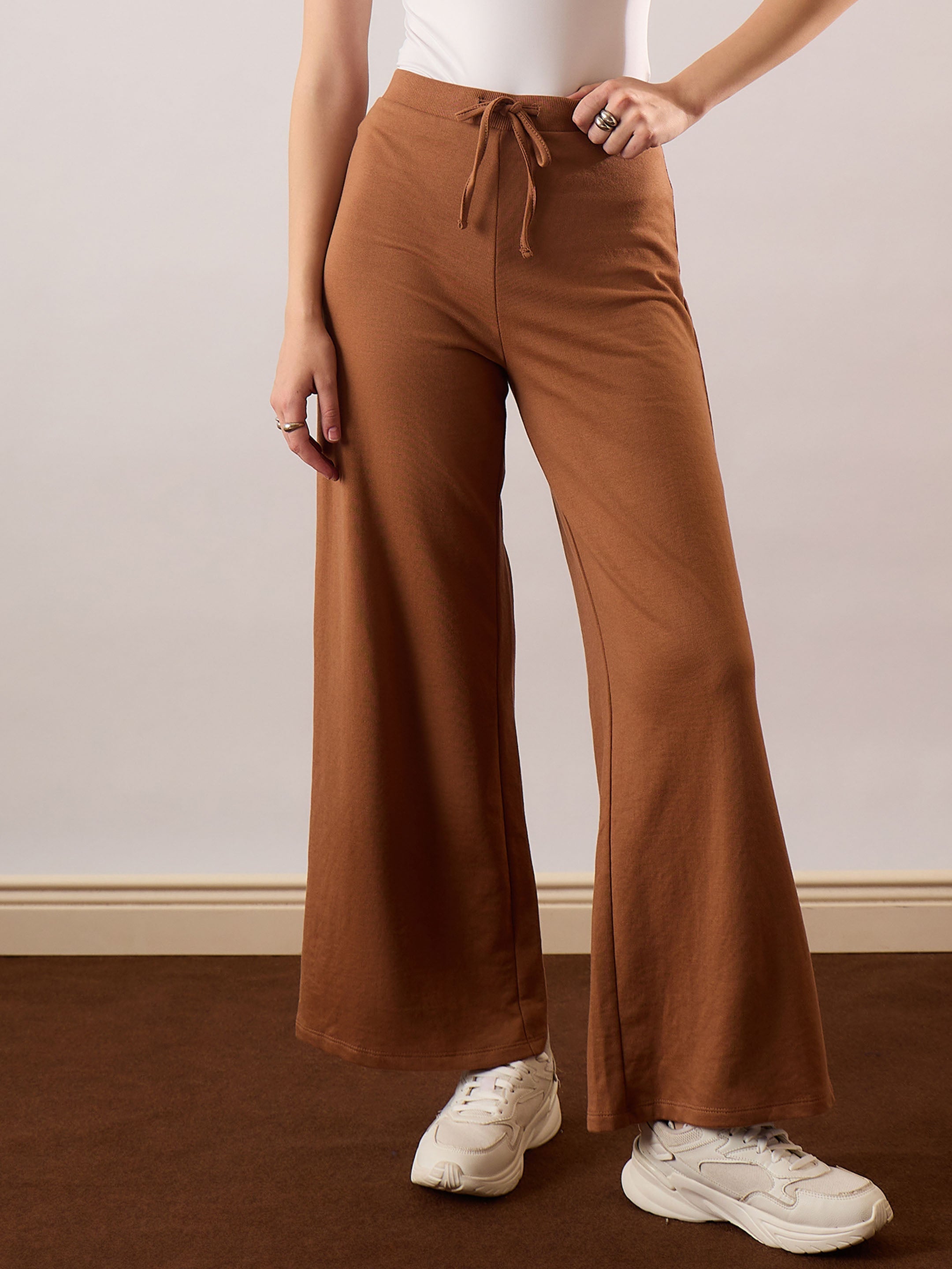 Women Tan Terry Wide Leg Drawstring Pants-SFPANT51314