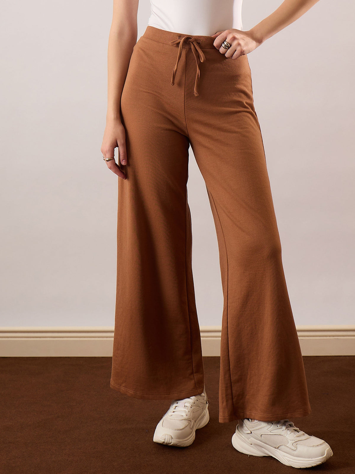 Women Tan Terry Wide Leg Drawstring Pants-SFPANT51314