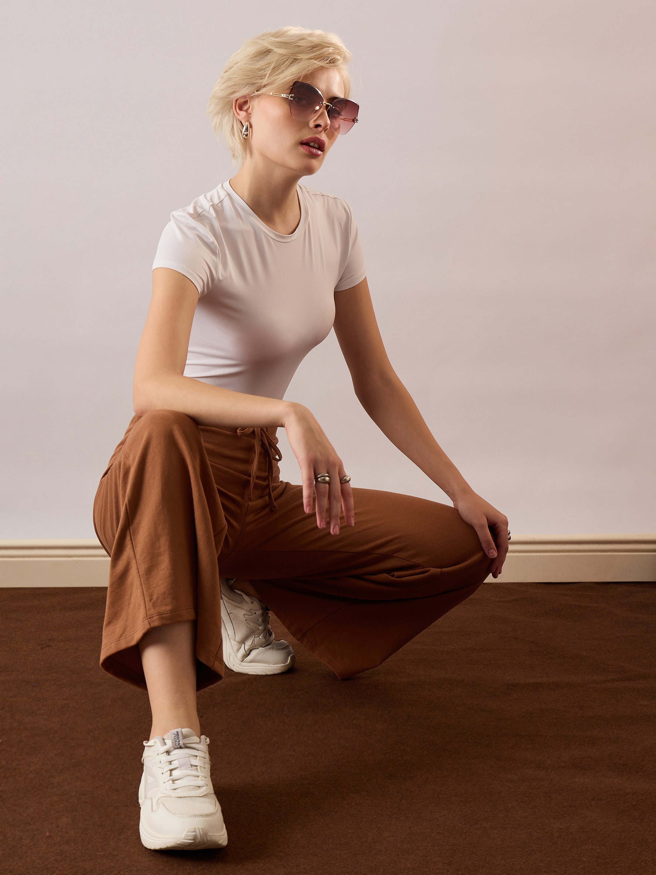 Women Tan Terry Wide Leg Drawstring Pants-SFPANT51314