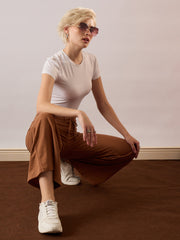 Women Tan Terry Wide Leg Drawstring Pants-SFPANT51314