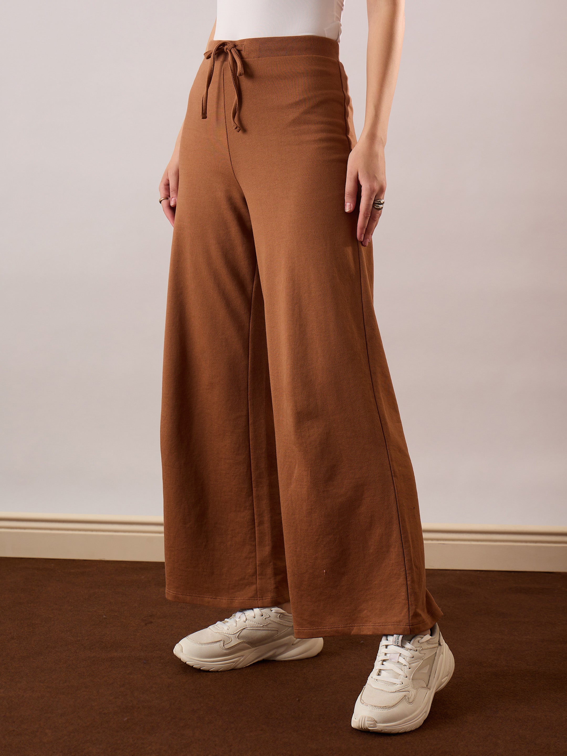 Women Tan Terry Wide Leg Drawstring Pants-SFPANT51314