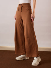Women Tan Terry Wide Leg Drawstring Pants-SFPANT51314