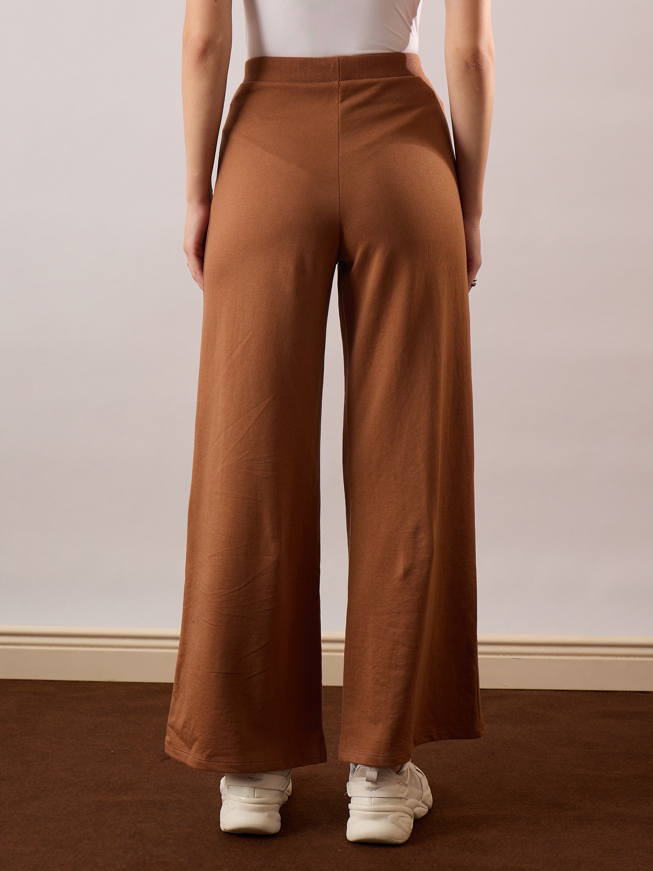 Women Tan Terry Wide Leg Drawstring Pants-SFPANT51314